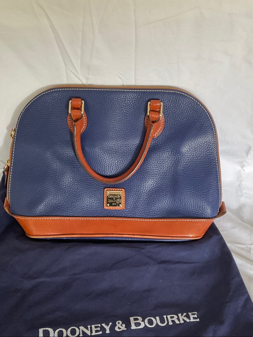 Dooney & Bourke Navy with Tan Trim Pebbled Leather Satchel - Picture 1 of 4